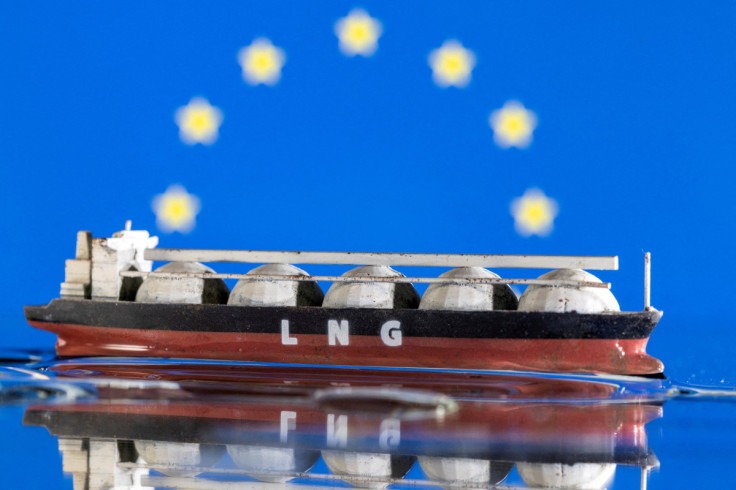 Illustration shows model of LNG tanker and the EU flag