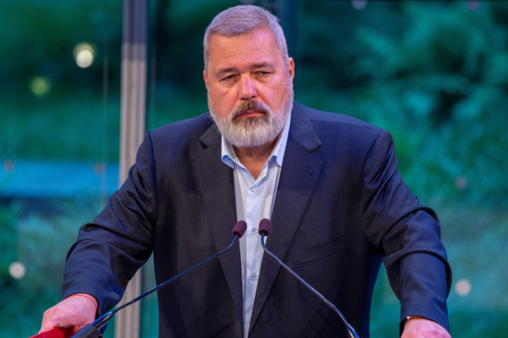 Dmitry Muratov speaks during the auction of his 2021 Nobel Peace Prize medal by Heritage Auctions