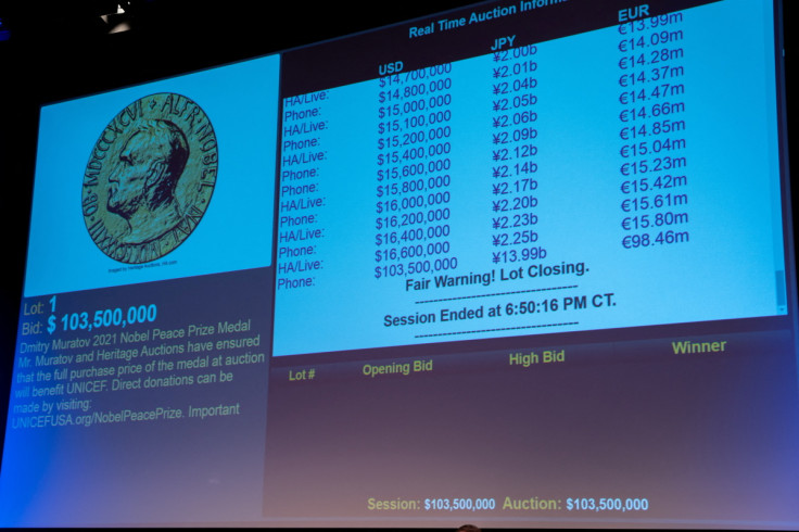 A projection of the final winning bid for Dmitry Muratov’s  2021 Nobel Peace Prize medal sold by by Heritage Auctions