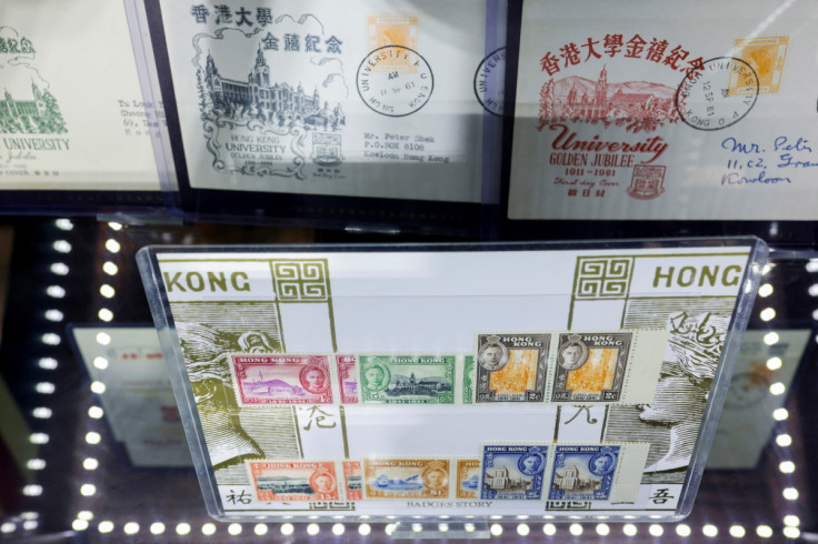 British Hong Kong postage stamps are displayed at the Museum Victoria City, in Hong Kong