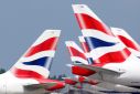 British Airways tail fins are pictured at Heathrow Airport in London