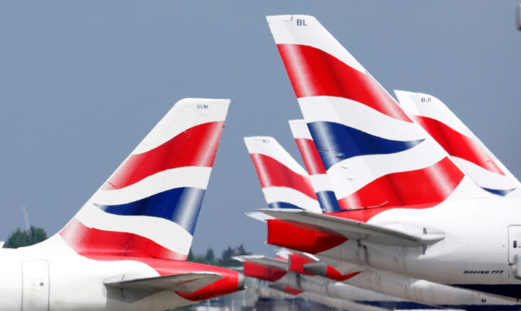 British Airways tail fins are pictured at Heathrow Airport in London