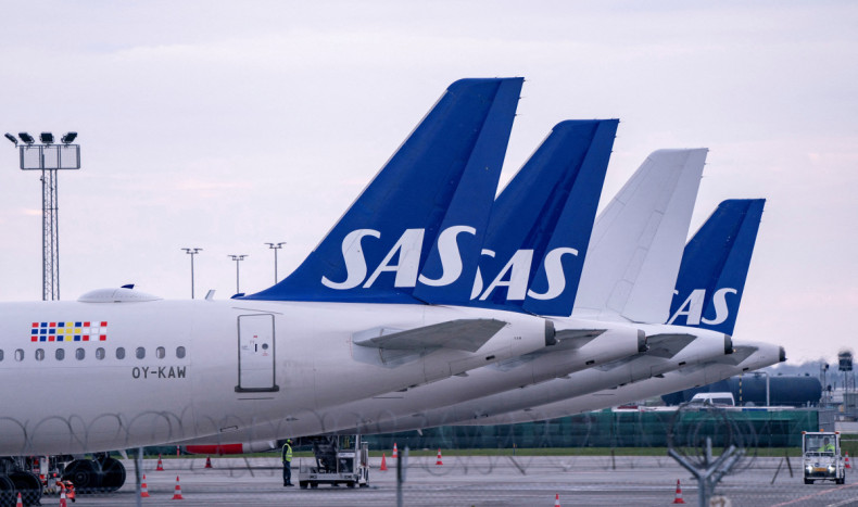 SAS Airbus A320 planes are parked at Copenhagen airport in Kastrup