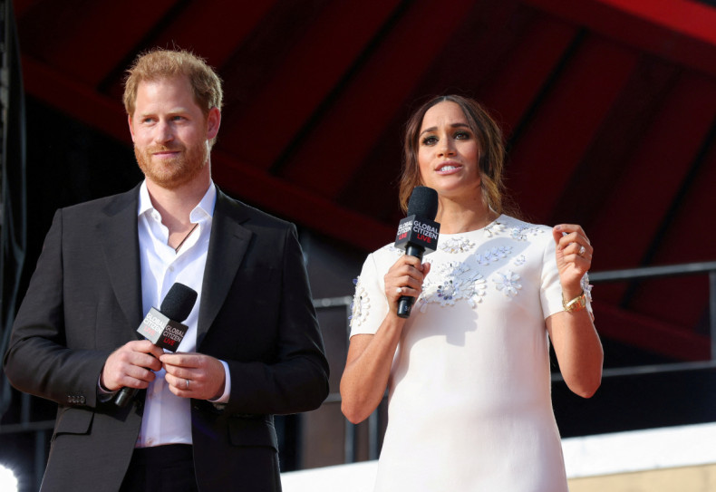 Britain's Prince Harry and Meghan Markle speak at the 2021 Global Citizen Live concert at Central Park in New York