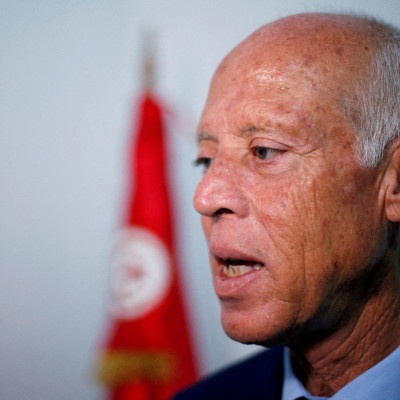 Tunisian then-presidential candidate Kais Saied speaks during an interview with Reuters in Tunis