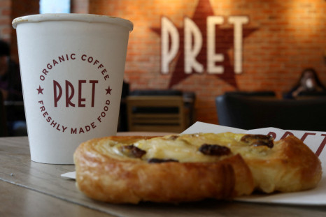 A coffee and a pastry are seen on a table inside a Pret A Manger store in Liverpool