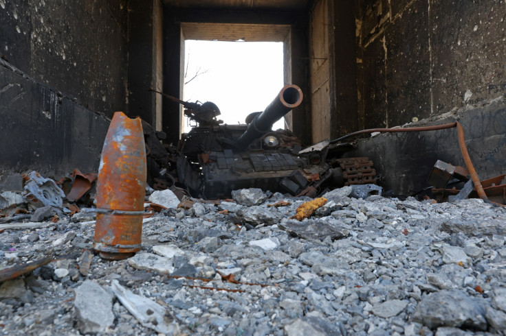 A view shows a destroyed tank in Sievierodonetsk