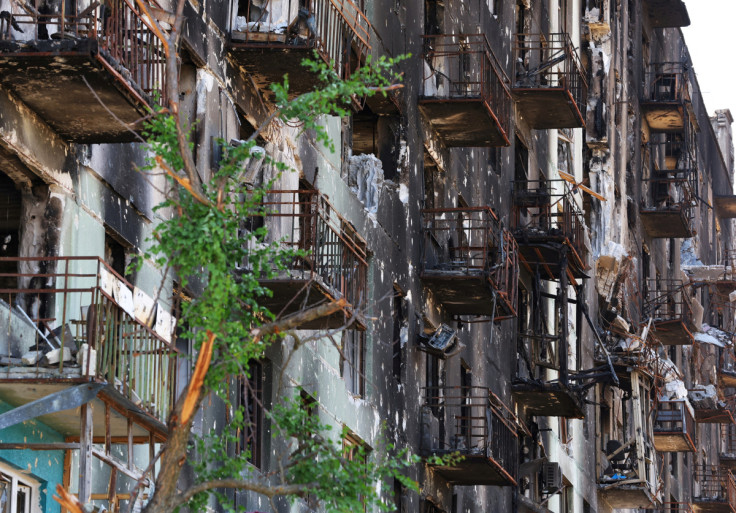 A view shows a heavily damaged apartment building in Sievierodonetsk