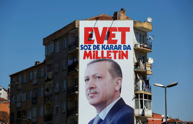 A billboard carrying a picture of Turkish President Erdogan is seen on a building in Istanbul