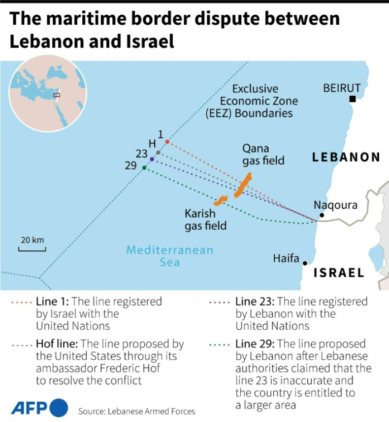 Carte montrant les revendications de frontière maritime israélo-libanaise.