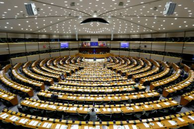 A general view of the hemicycle where plenary sessions are taking place at the European Parliament in Brussels