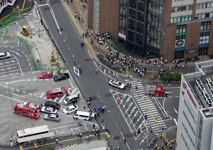 An aerial view shows the site where former Japanese prime minister Shinzo Abe was apparently shot during an election campaign in Nara, Japan