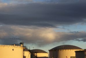 Crude oil storage tanks are seen at the Kinder Morgan terminal in Sherwood Park