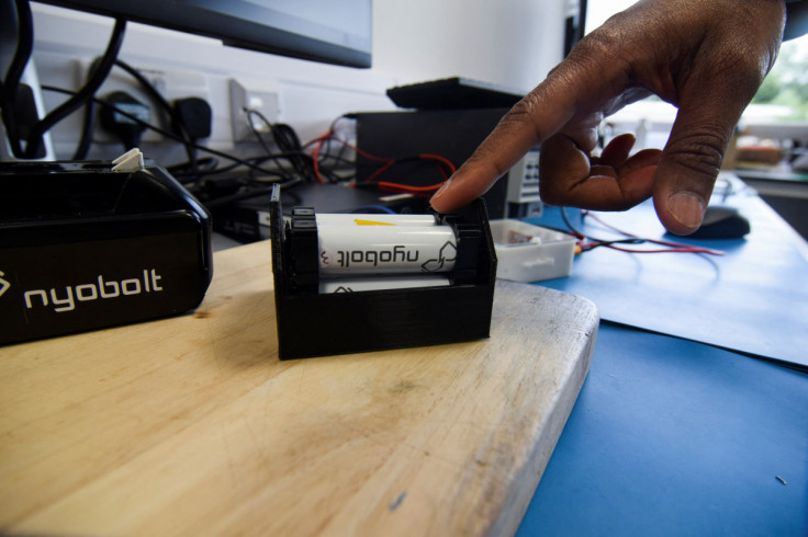 A pack of batteries with niobium anodes undergoes a rapid charge at the headquarters of fast-charging battery startup Nyobolt in Cambridge