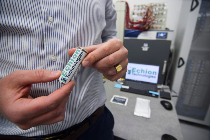 Echion Technologies CEO Jean de La Verpilliere shows a commercial format prototype battery at the battery startup’s headquarters in Cambridge