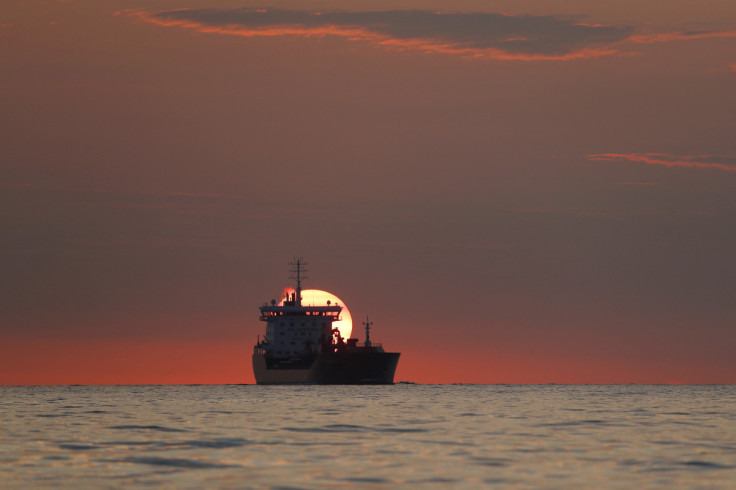 A tanker ship is seen in the English Channel at sunrise, near Dover