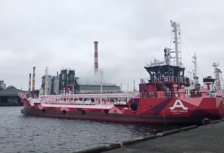 A zero-emission electric-powered tanker Asahi is moored at the port in Kawasaki