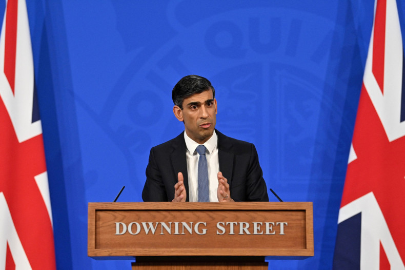 Britain's Chancellor of the Exchequer Rishi Sunak hosts a news conference in the Downing Street Briefing Room in London