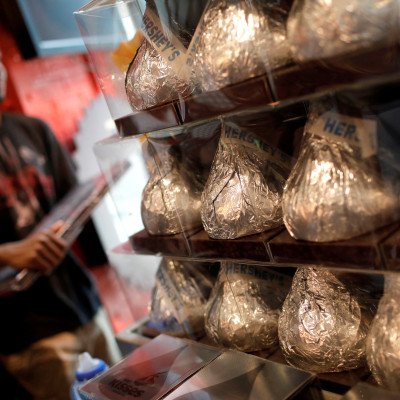 Giant Hershey's Kiss chocolates are seen on display in a shop in New York City