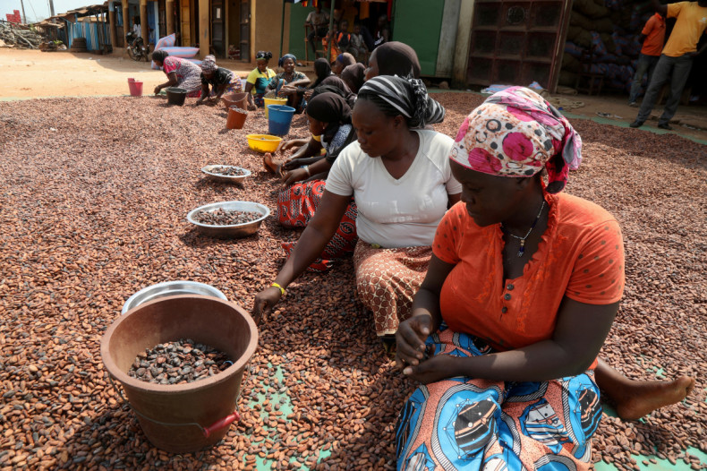 Women prepare cocoa beans next to a warehouse in Soubre,