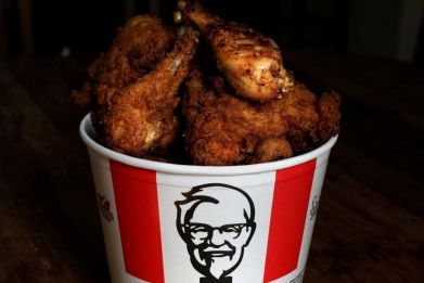 A Kentucky Fried Chicken (KFC) bucket of mixed fried and grilled chicken is seen in this picture illustration