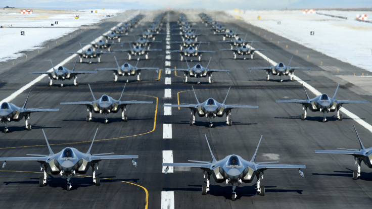 U.S. Air Force F-35A aircraft form up in an "elephant walk" during an exercise at Hill Air Force Base