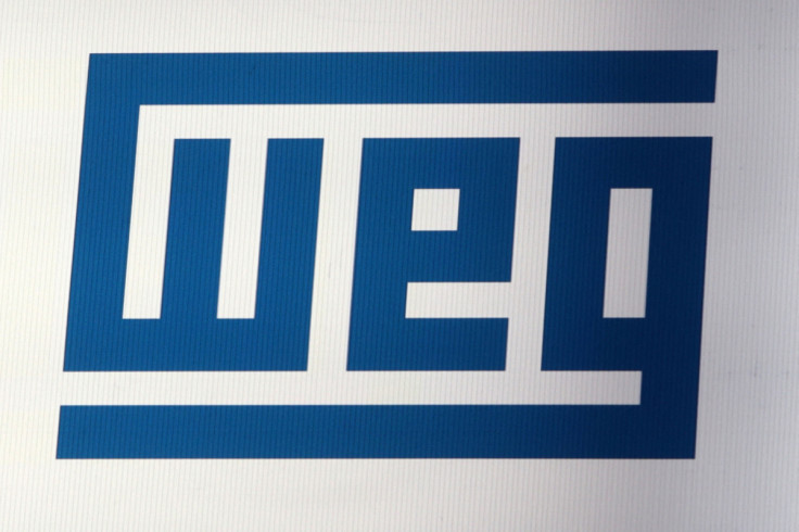 The company logo for Weg is displayed on a screen on the floor of Brazil's B3 Stock Exchange in Sao Paulo