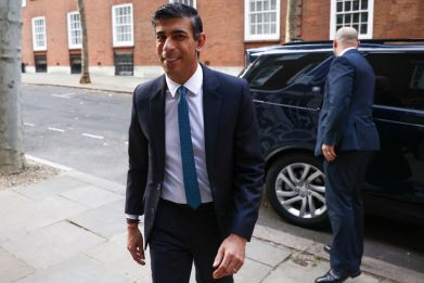 Conservative leadership candidate Rishi Sunak arrives at an office building in London