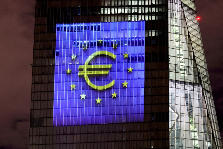 Illumination at ECB headquarters for the Euro's 20th anniversary in Frankfurt, Germany