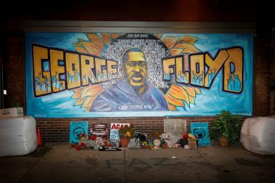 A view of the George Floyd mural at 38th Street and Chicago Avenue a day before opening statements in the trial of former police officer Derek Chauvin, in Minneapolis