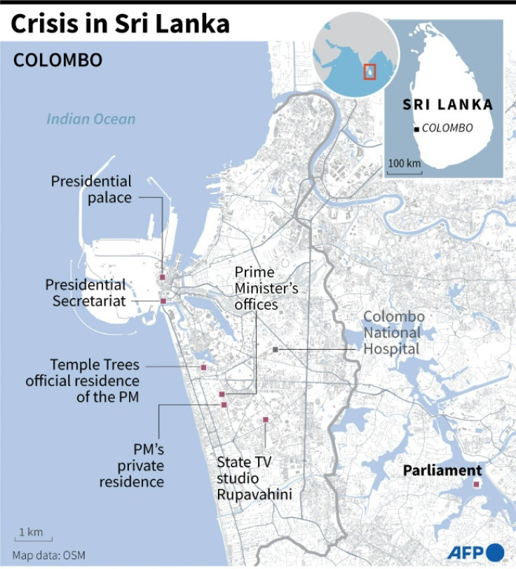 Map of the Sri Lankan capital of Colombo locating key buildings at the centre of the recent anti-government protests.