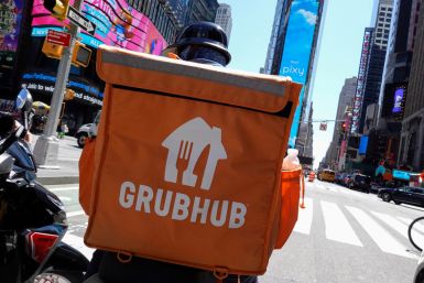 A Grubhub delivery person rides in Manhattan, New York City