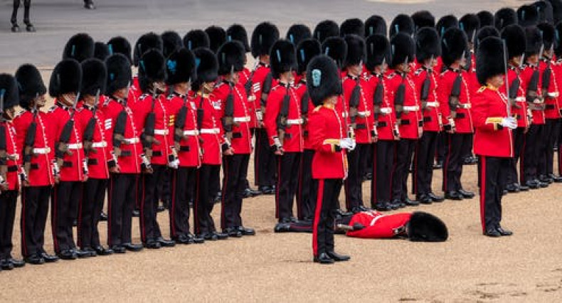 A member of the Coldstream Guards succumbs to the heat, June 2022.