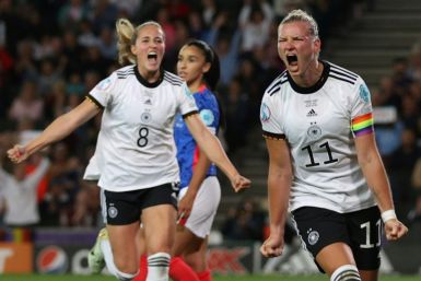 Alexandra Popp (right) scored twice to take Germany into the Euro 2022 final