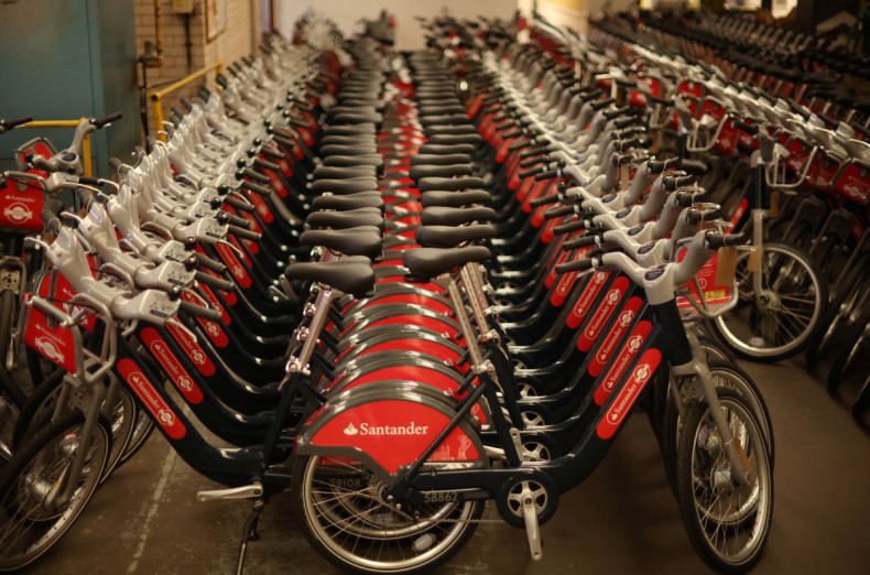 Rows of newly built hire bikes sponsored by Santander bank are seen at the Pashley bicycle factory in Stratford-upon-Avon
