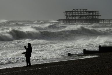 Stormy seas at Brighton, southern England in February 2022 when Storm Eunice brought high winds across the country
