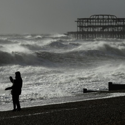 Stormy seas at Brighton, southern England in February 2022 when Storm Eunice brought high winds across the country