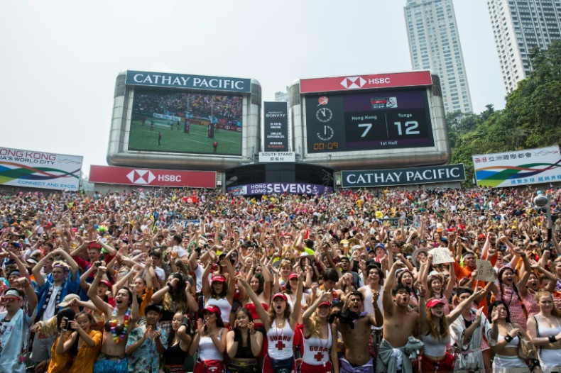 Fans pack into the South Stand, renowned for its partying, during the last Hong Kong Sevens, in April 2019