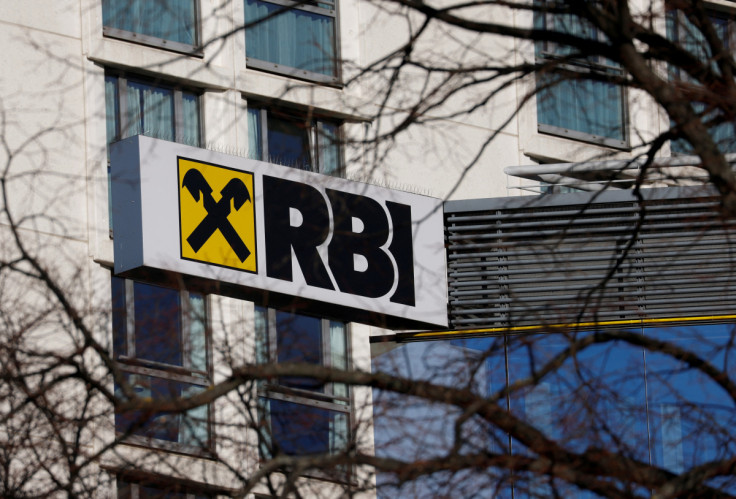 The logo of Raiffeisen Bank International is seen on their headquarters in Vienna