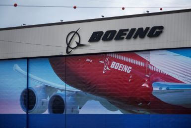A Boeing logo is seen at the company's facility in Everett