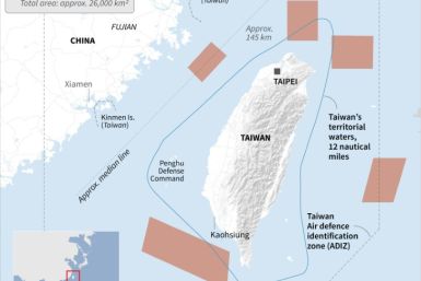 Map of Taiwan and its surrounding waters, highlighting the areas of the Chinese military drills from August 4 to 7.