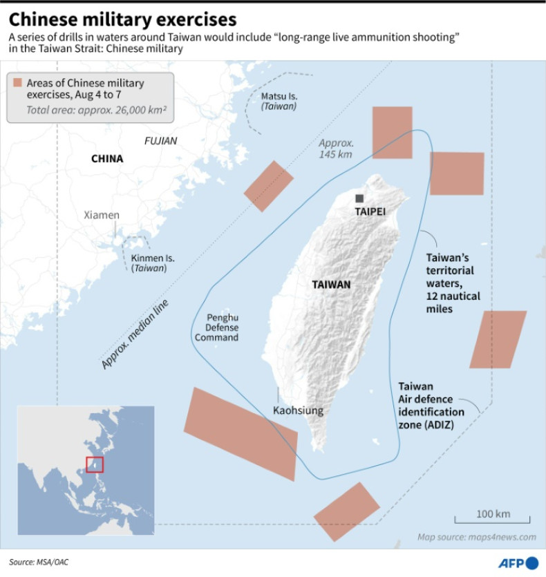Map of Taiwan and its surrounding waters, highlighting the areas of the Chinese military drills from August 4 to 7.
