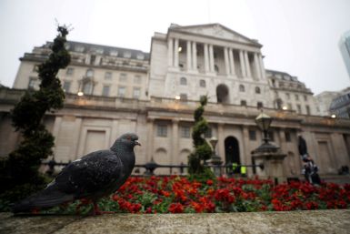A pigeon stands in front of the Bank of England in London