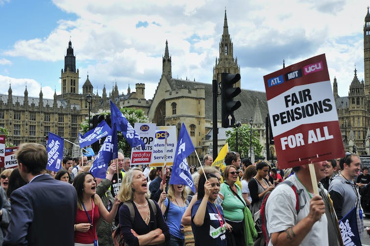  Union members demonstrate outside UK parliament about government pension proposals, June 30 2011.