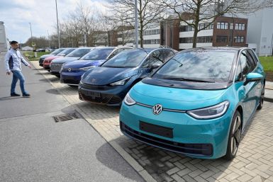 Electric car models of the Volkswagen Group are parked outside the company's production plant, in Zwickau