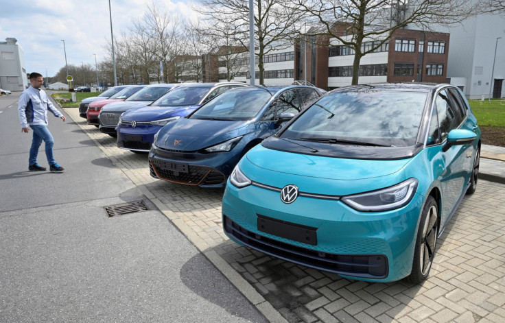 Electric car models of the Volkswagen Group are parked outside the company's production plant, in Zwickau