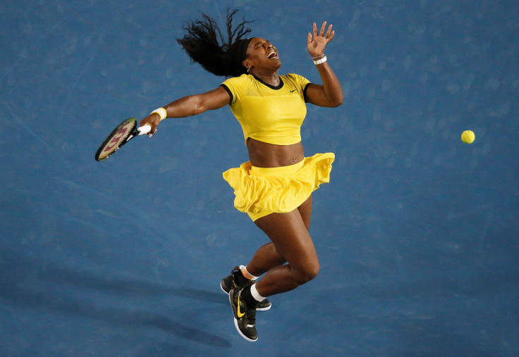 Williams of the U.S. reacts after being hit by a ball during her final match against Germany's Kerber at the Australian Open tennis tournament at Melbourne Park