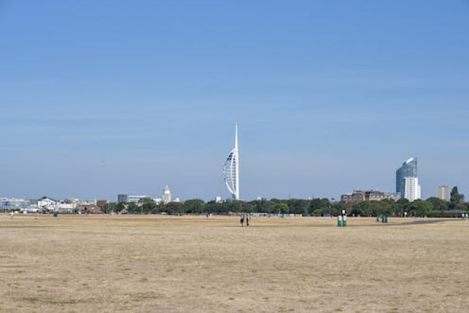 Southsea Common in Portsmouth, UK, parched after summer heat.