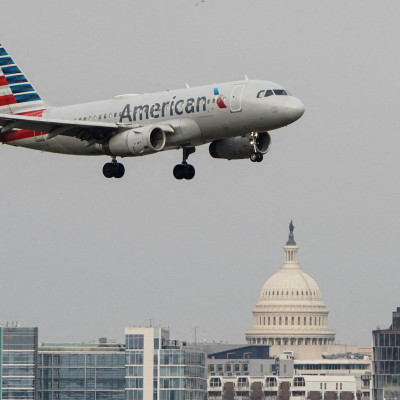 An American Airlines aircraft lands at Reagan National Airport in Arlington, Virginia