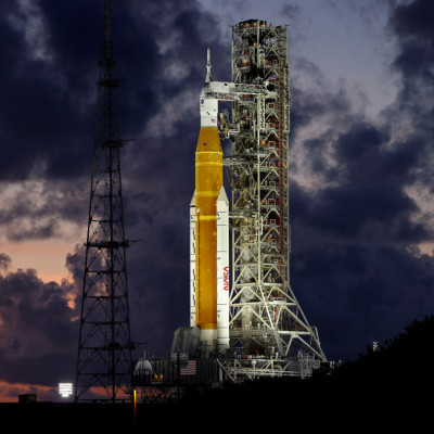 NASA’s next-generation moon rocket, the Space Launch System (SLS) Artemis 1, is shown at the Kennedy Space Center in Cape Canaveral